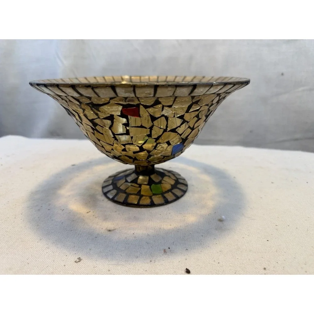 Mosaic Glass Pedestal Bowl‎ Gold Multicolor Boho Decor Centerpiece